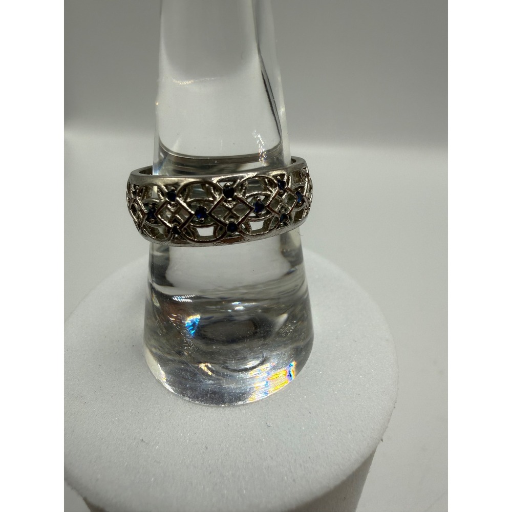 Silver Tone Lattice Band Ring with Blue Accent Stones Size 9 Celtic Style
